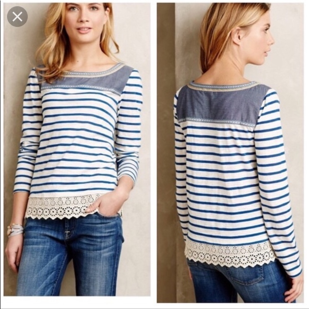 Anthropologie Striped Embroidered Top